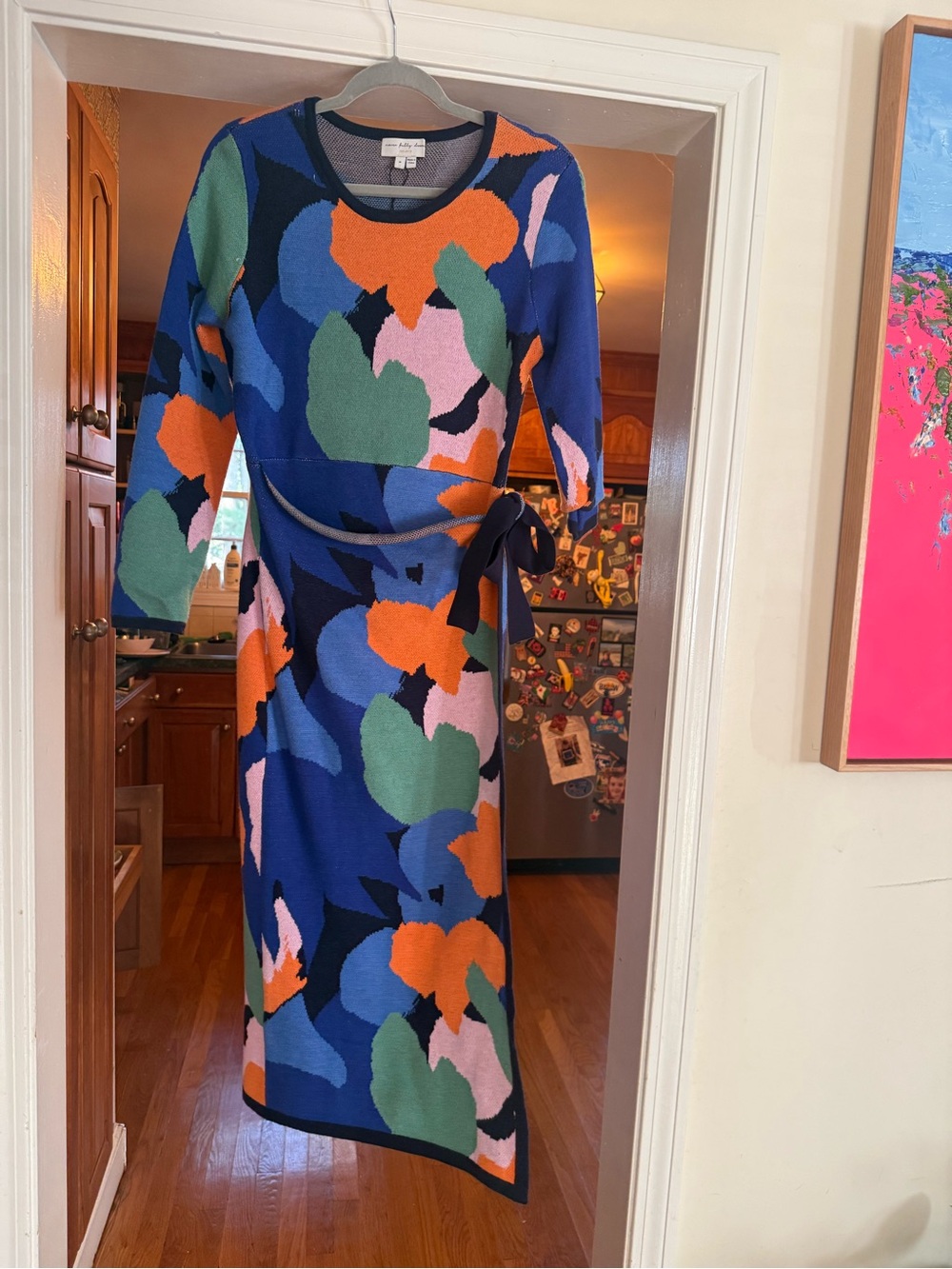 Never Fully Dressed Blue Abstract Print Midi Dress with Tie Waist